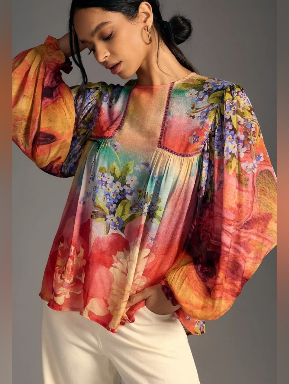 Anthropologie BL-NK Miranda Peasant Blouse XL Boho Floral Long Sleeve - Picture 3 of 15